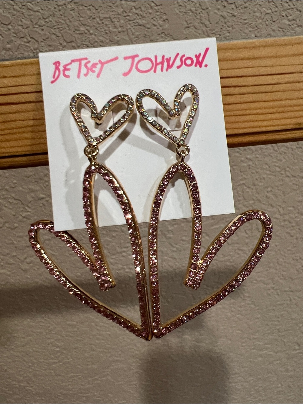 Betsey Johnson Gold-Tone Pink Crystal Open Heart Drop Earrings - Picture 2 of 6